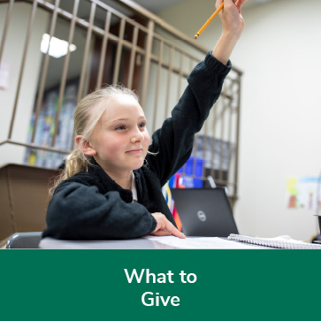 A student raising her hand. Links to What to Give